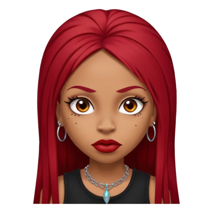 light-skinned black girl with very long eyelashes with long strait dark red hair with edges wearing a black top with no sleeves. and a red accessory on her head with nose and mouth piercings and is a baddie and looks like a bad girl. sticker