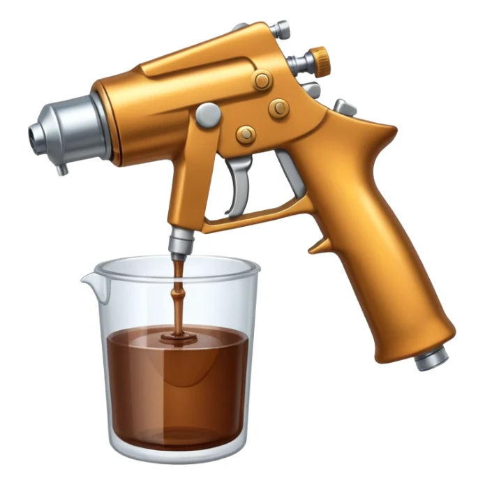 metal spray gun with clear sealed cup with brown liquid attached sticker