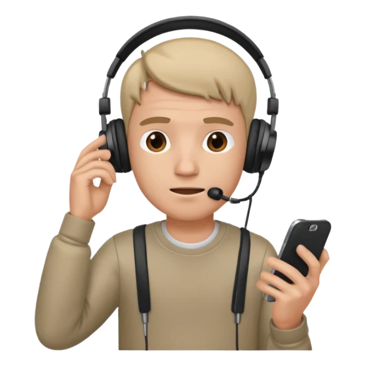 confused guy headphones on and with phone in hand turned to left quaterly sticker