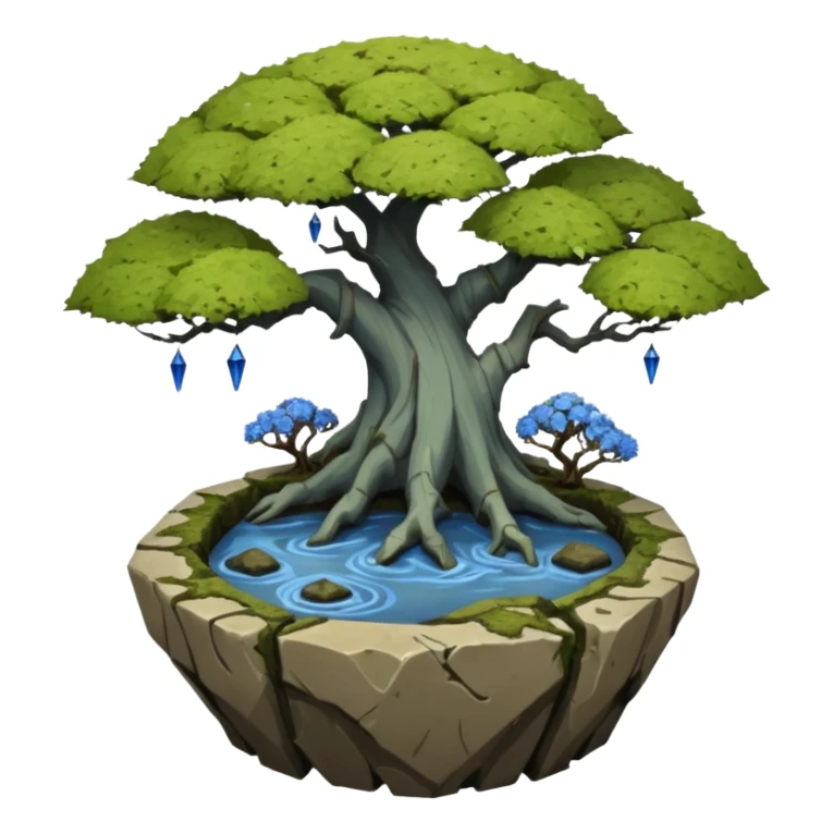 Bare haunted Alien landscape mudman very old broken cracked intricate Stone Age rocky-crusted irregular dodecagon-shaped shallow dark moss rough bark blue weeping willow flowered maple tree bonsai pot sticker