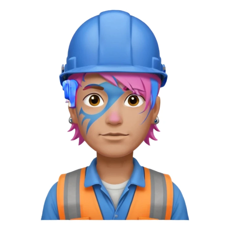 construction worker man pink hair, blue helmet and face tattoo sticker