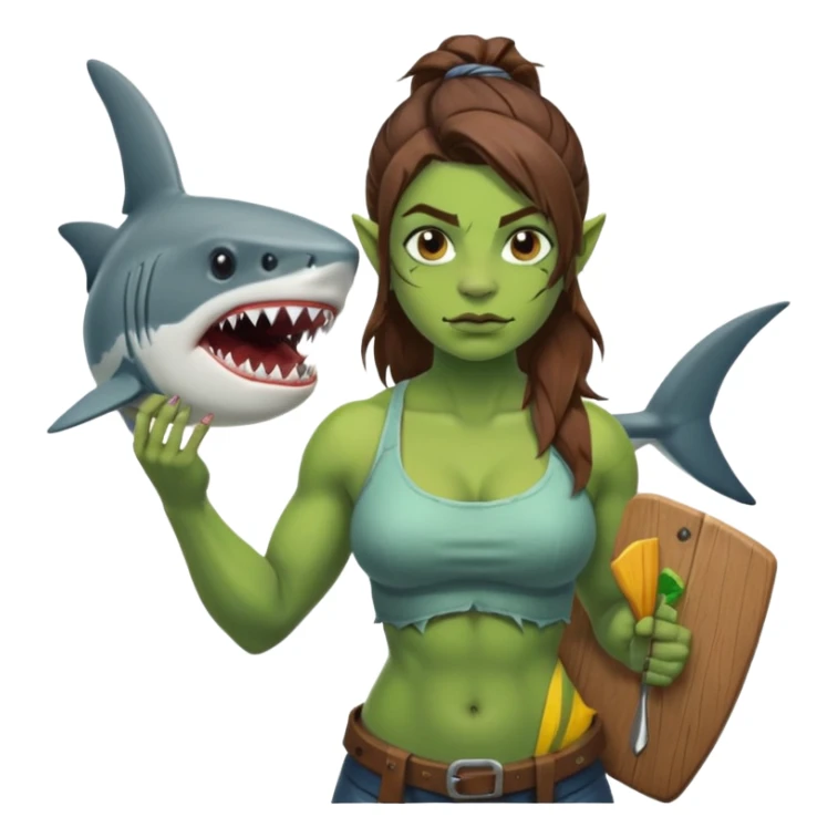 orc female holds a board with a shark painted vertically in his hands sticker