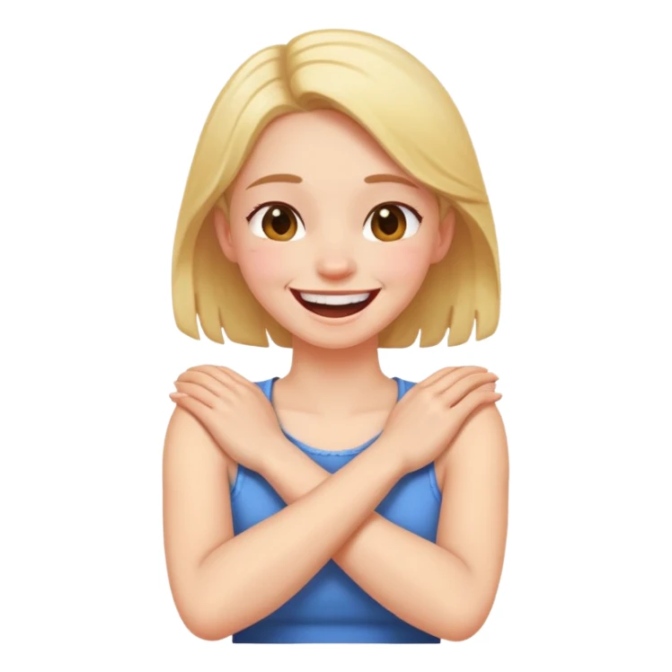 Girl with arms crossed holding neck and laughing sticker