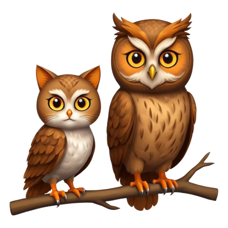 Owl on a branch with a cat's head sticker