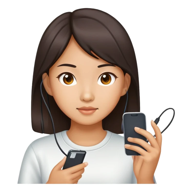  A chinese girl using a phone with charging cable sticker