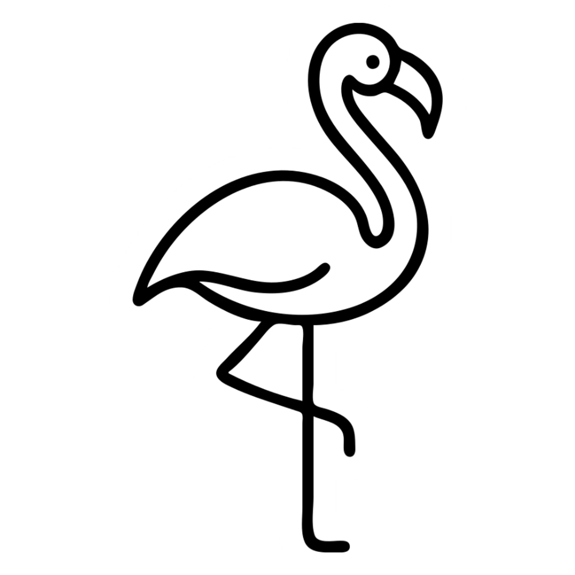 A flamingo with a long slender neck, standing on one thin leg with the other leg tucked up. The bird has a characteristic curved beak and elegant posture. sticker