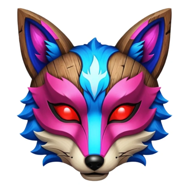 Ancient wooden mask, split in half, luminous and neon with red, blue and pink fox-like glow. sticker