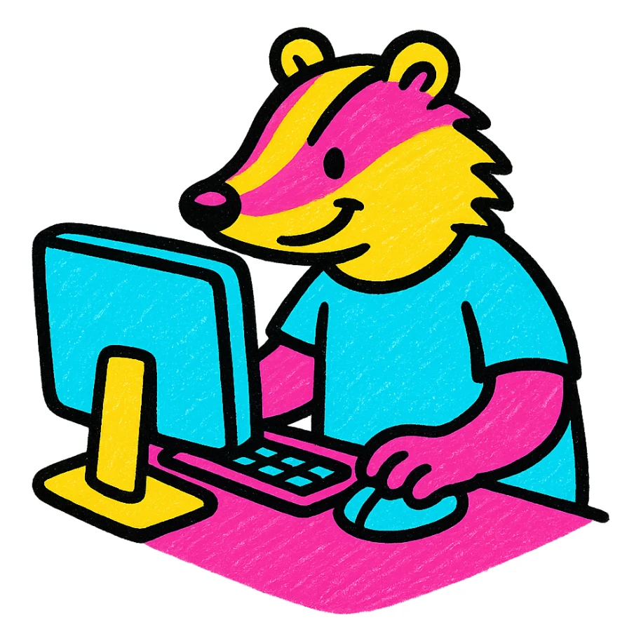 a badger using a desktop computer, playful colorful style sticker
