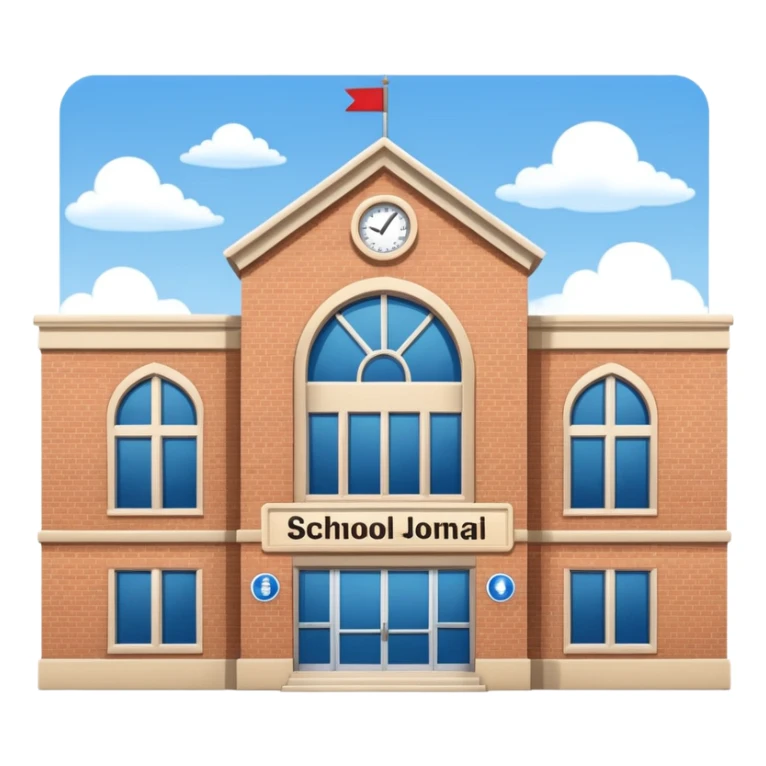 a full view of school building with a name board  sticker