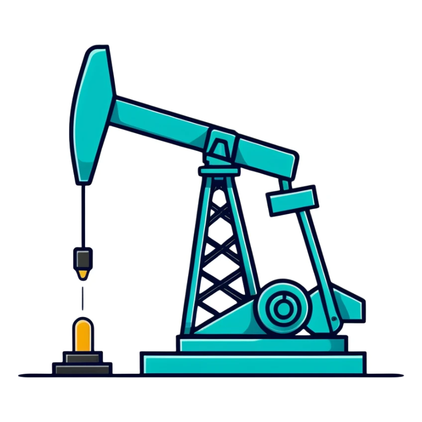 Oil pumpjack (nodding donkey), minimalist design with soft gradients in sky blue, teal green, white, and light gray sticker