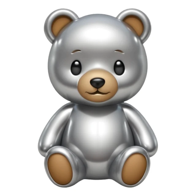 A cute teddy bear emoji made of liquid silver chrome, smooth rounded body, glossy metallic surface, soft reflections, friendly proportions, iOS emoji style, centered, clean white background sticker