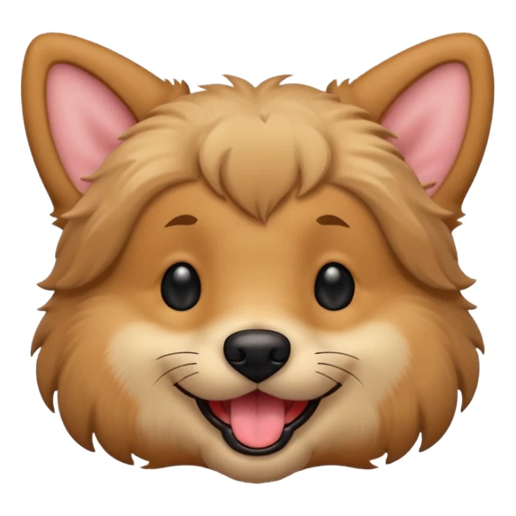 Dog face only, light brown fluffy dog, darker ears, small black nose, happy smiling with tongue out, simple emoji icon. sticker