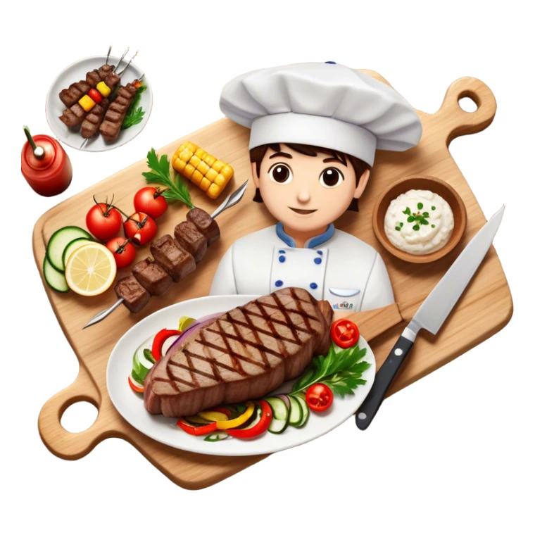 icon featuring cooking: a chef's hat, a cutting board with fresh ingredients, a knife, a plate with a well-plated dish, a beautiful ribeye beef steak, and beautifully arranged shashlik skewers placed across. Bright, detailed design with realistic textures and lighting. Transparent background. sticker