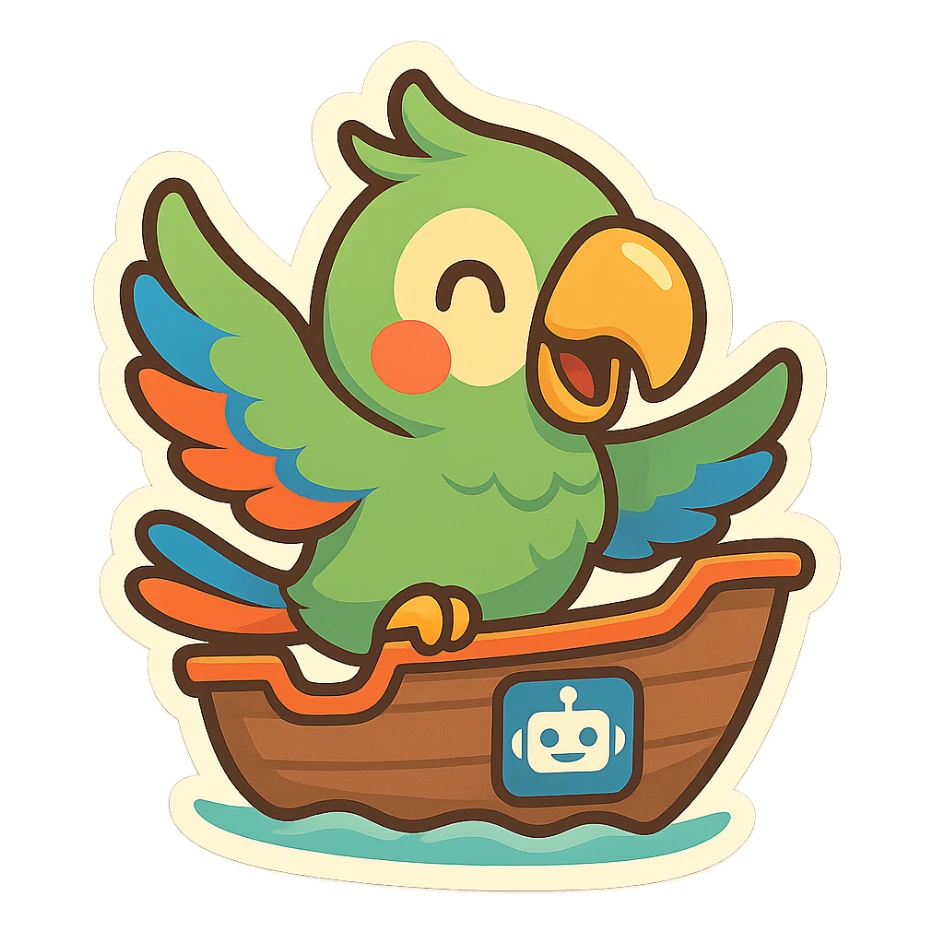 playful parrot mascot inspired by shippit-parrot riding in a small ship, with a visible AI/copilot icon such as a robot face or brain with circuits integrated into the ship's design, bright fun energetic style sticker