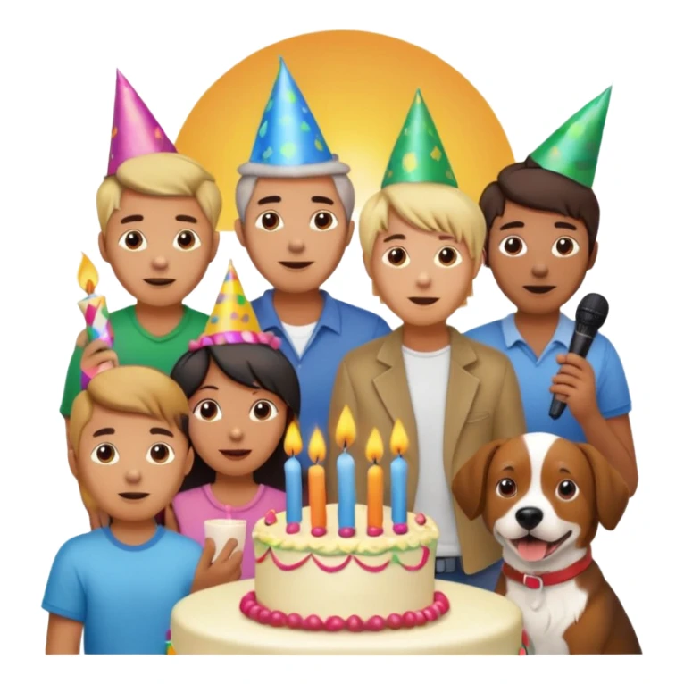 celebration birthday with a dog and watching sunset with many peoples with a birthday cake and mike a wish man peoples at home sticker