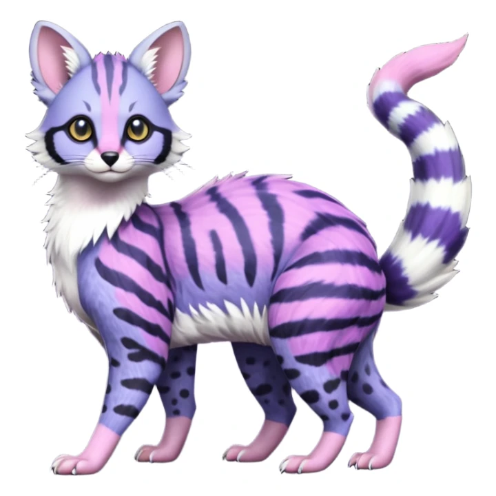 Beautiful fluffy elegant spotted dotted thick puffy hyper-realistic lifelike furry Indigo, purple, violet, pink, Civet-Genet-Possum-Serval-Caracal-Sergal-Trico-Numbat-Furret-fusion-Fakemon-hybrid-creature (full body) with long tufted ears and a striped tufted tail  sticker