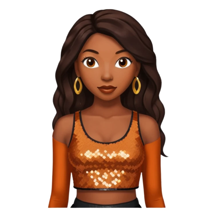 Brandy Norwood with long dark brown hair, sequin burnt orange crop top sticker