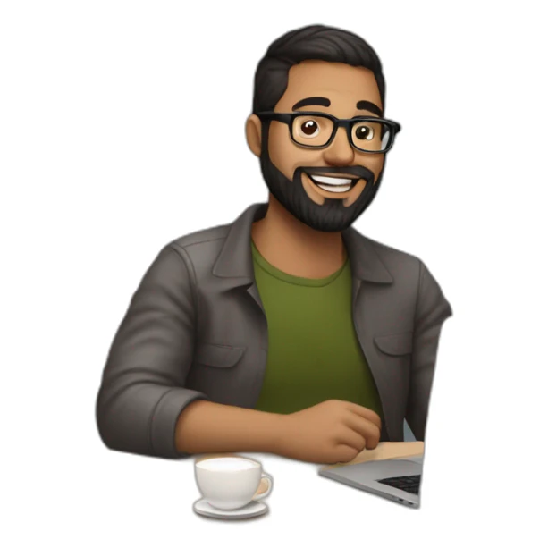 Designer with dark brown hair,brownd eyes, 30 years old beard and glasses working with MacBook and drinking cappuccino  sticker