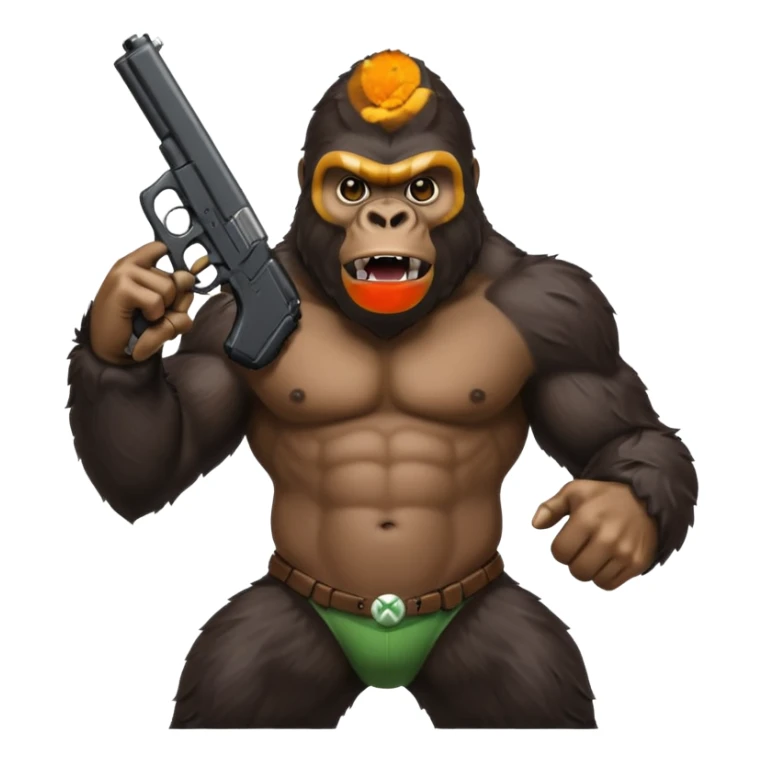A gorilla holding a gun in the air with a Xbox controller  sticker