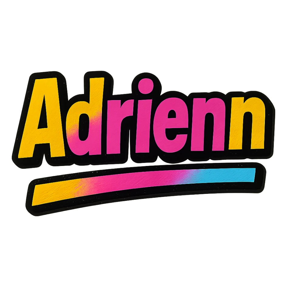 Adrienn name in modern colorful gradient font with dark outline, dynamic slanted or partial underline, transparent background, in the style of reference patterns sticker