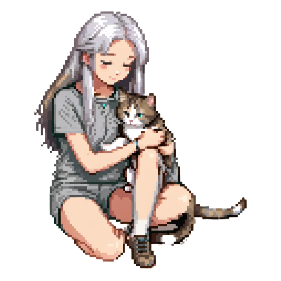 Remix: Beautiful girl with long straight silver hair, inspired by the reference, petting a gray and blonde mixed cat, pixel art style, girl standing, cat rubbing against her leg sticker