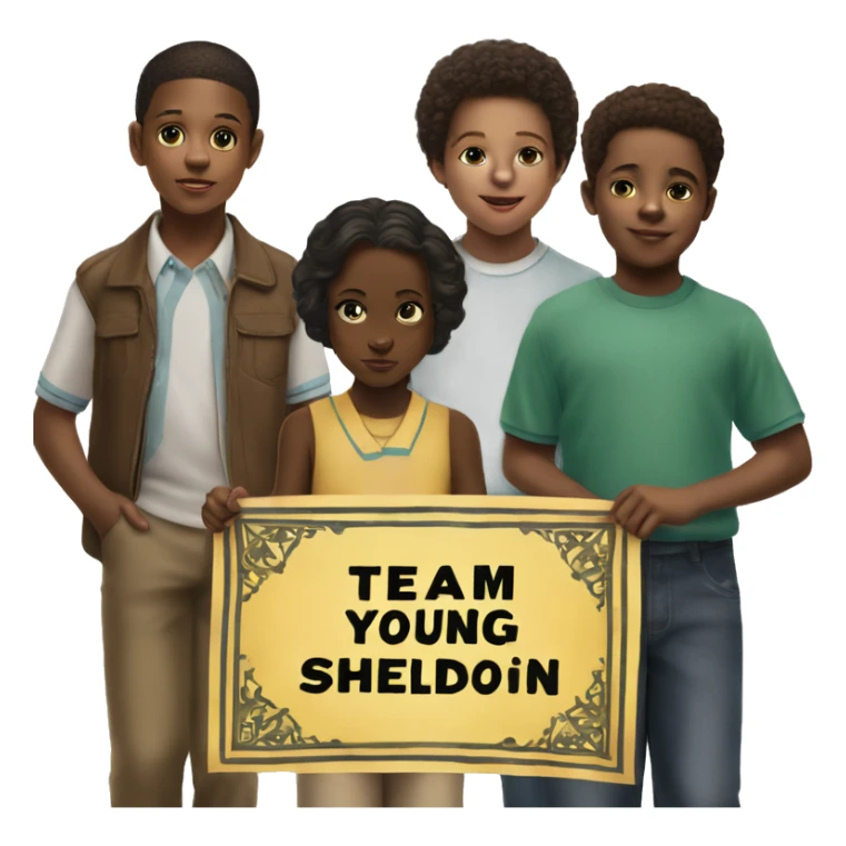 Group of young black children holding a banner that says “Team Young Sheldon” sticker