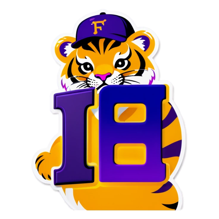 Purple and gold tiger with baseball hat on with letter F  sticker