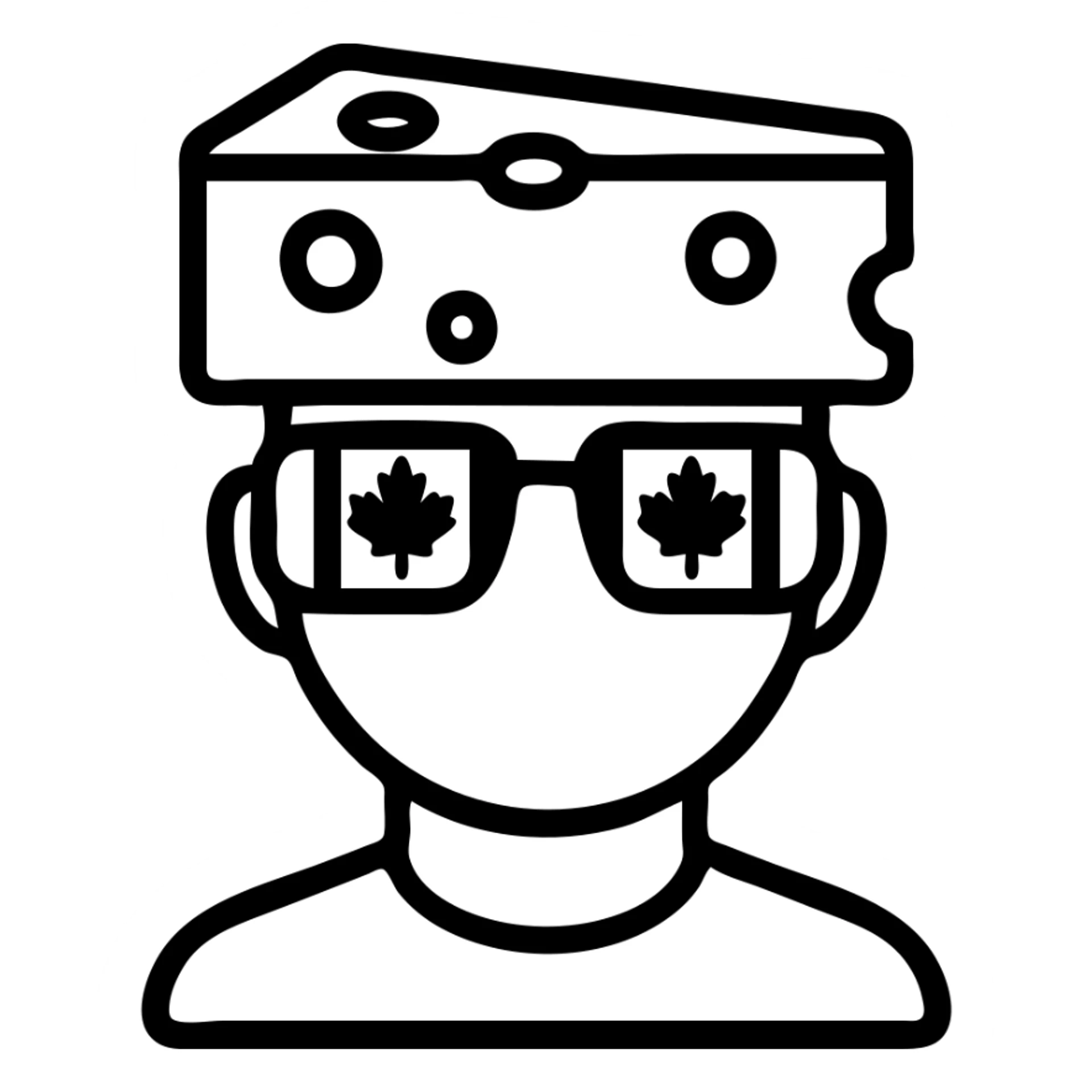 simple icon of a man, cheese block on head, Canada flag glasses sticker