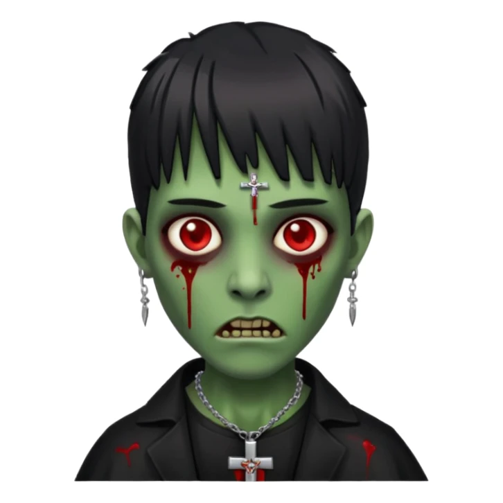 zumbi verde com olhos vermelhos sangrando e franja roupa preta e um crucifixo como colar sticker