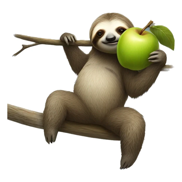 realistic full body sloth hanging from branch and holding an apple sticker