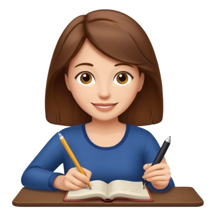 happy woman with brown hair writing a book sticker