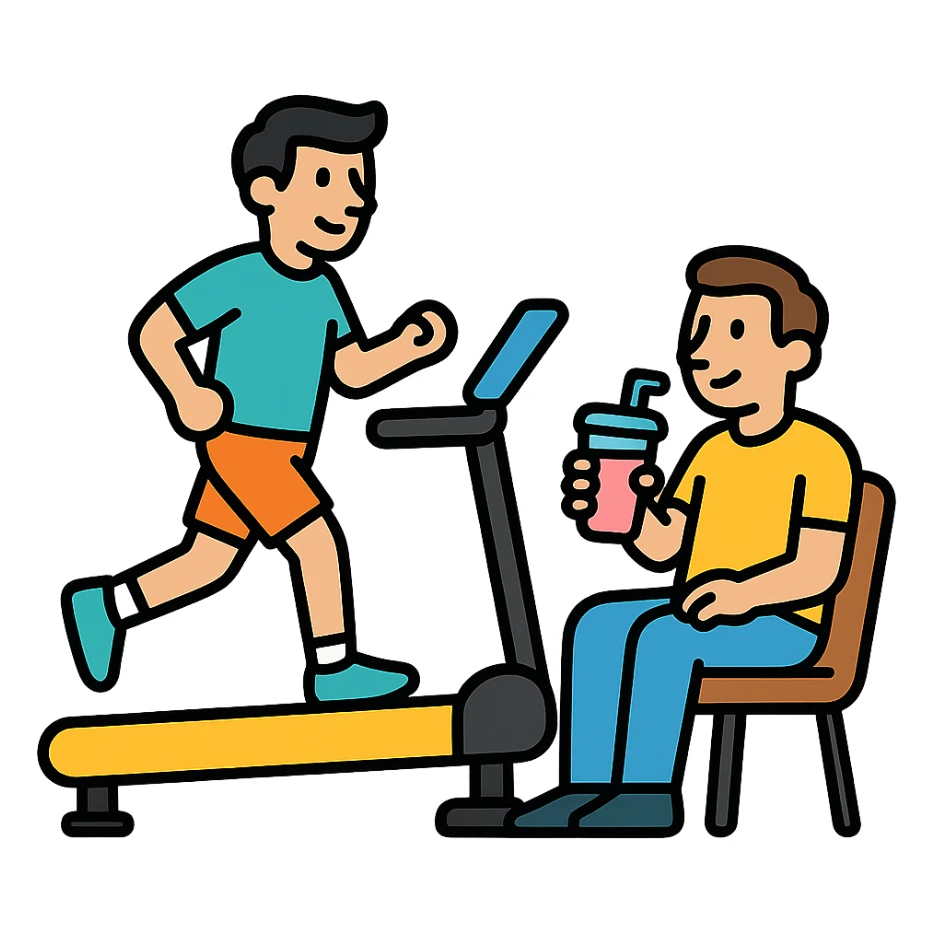 one man on a treadmill, the other man relaxing with a smoothie, icon style, modern and easy to understand sticker