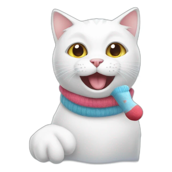 A white cat holding a sock in his mouth sticker