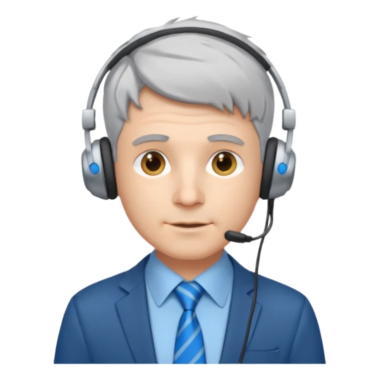 white male programmer with short messy silver gray hair, blue tie, small headphones sticker