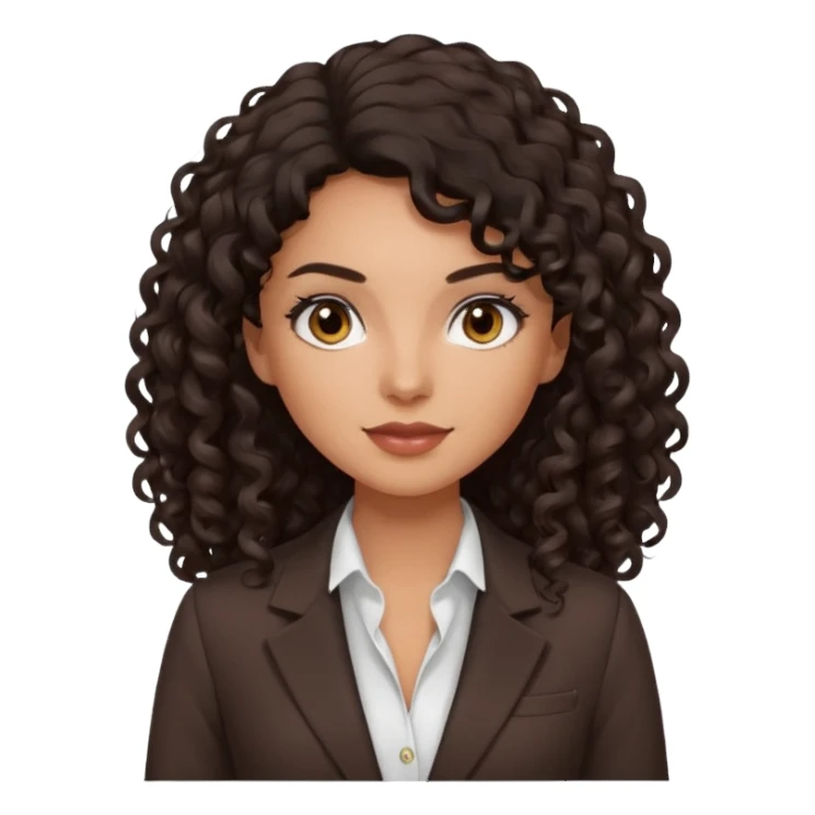 medium deep tan brown business woman with long black curly hair, light rosy cheeks, smoky eyes, dark brown eyes, wearing a dark brown blazer, white shirt sticker