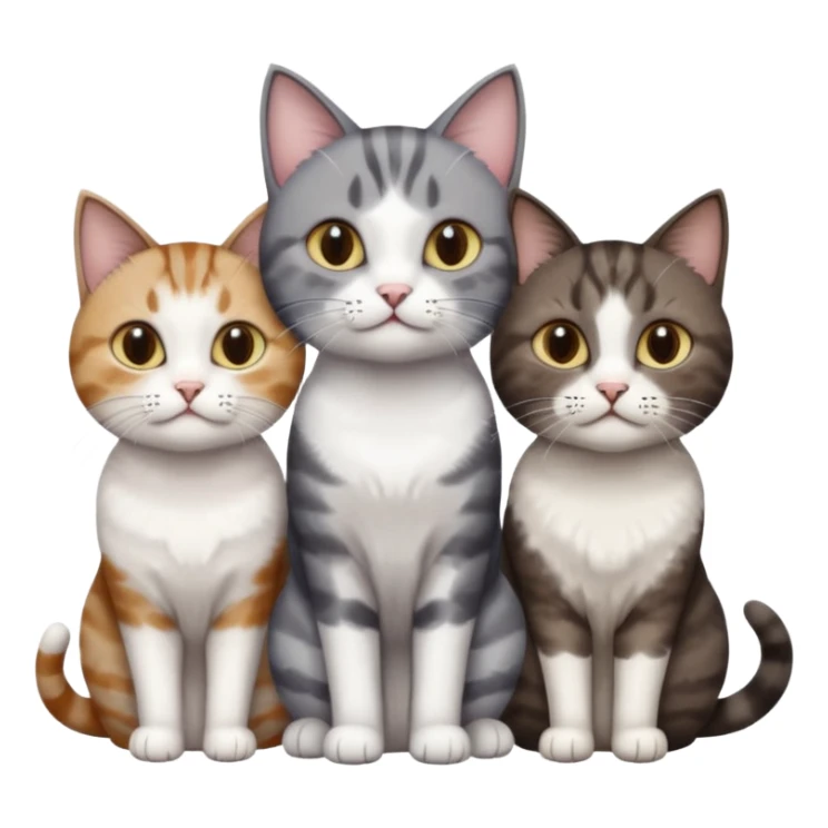 3 different coloured short haired cats including; a dark brown tabby and white cat, and a dark grey and white  sticker