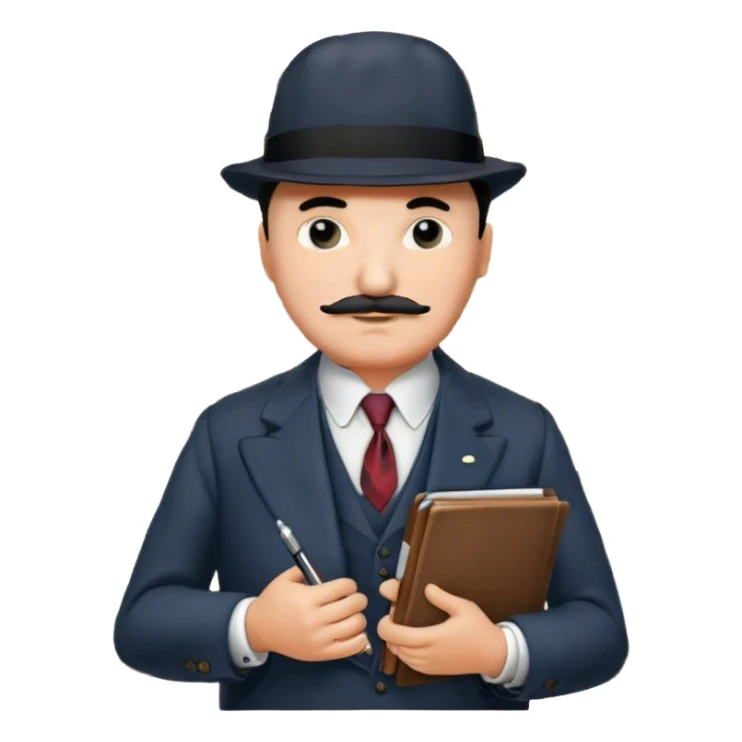 A cinematic-style frame showing Hercule Poirot in his iconic suit with a notebook in a dramatic detective pose. Background should be mysterious city, map, a board with photos of suspects, clues like fingerprints. Transparent background. sticker