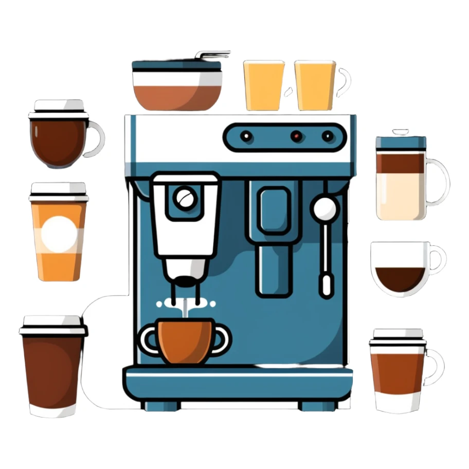 coffee shop items: espresso machine, milk frother, and coffee menu board sticker