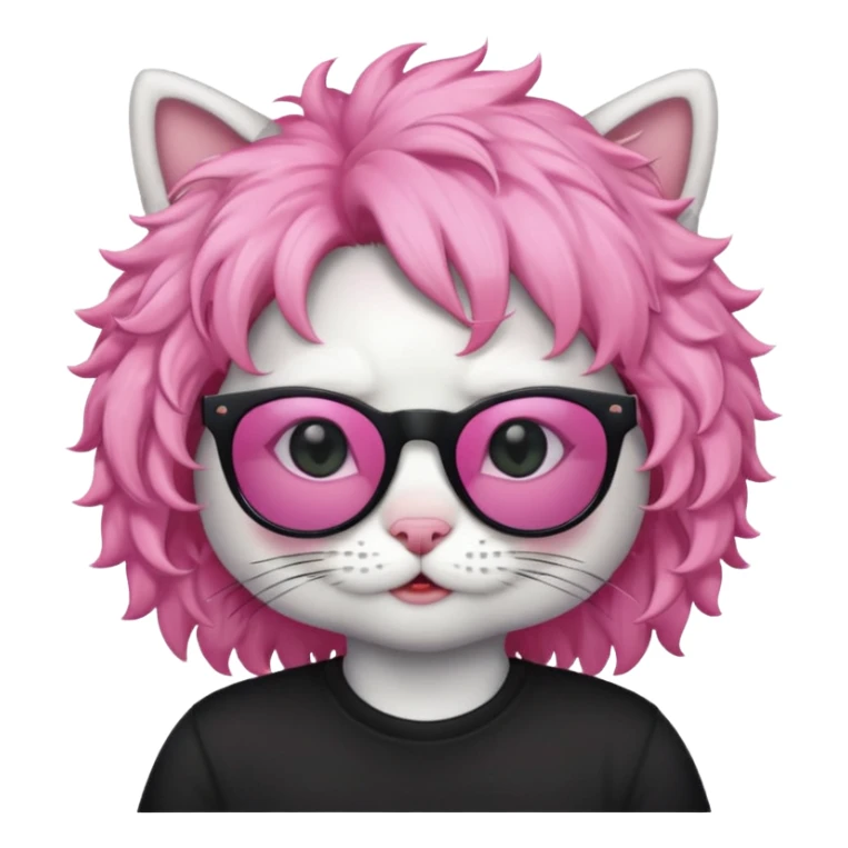 White cat wearing pink curly wig, black sunglasses, black T-shirt sticker