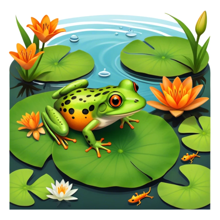 Icon for Amphibians: A colorful collage featuring a frog sitting on a lily pad, a salamander crawling on the ground and a newt swimming in water. The background features lily flowers and a calm pond setting. Transparent background. sticker