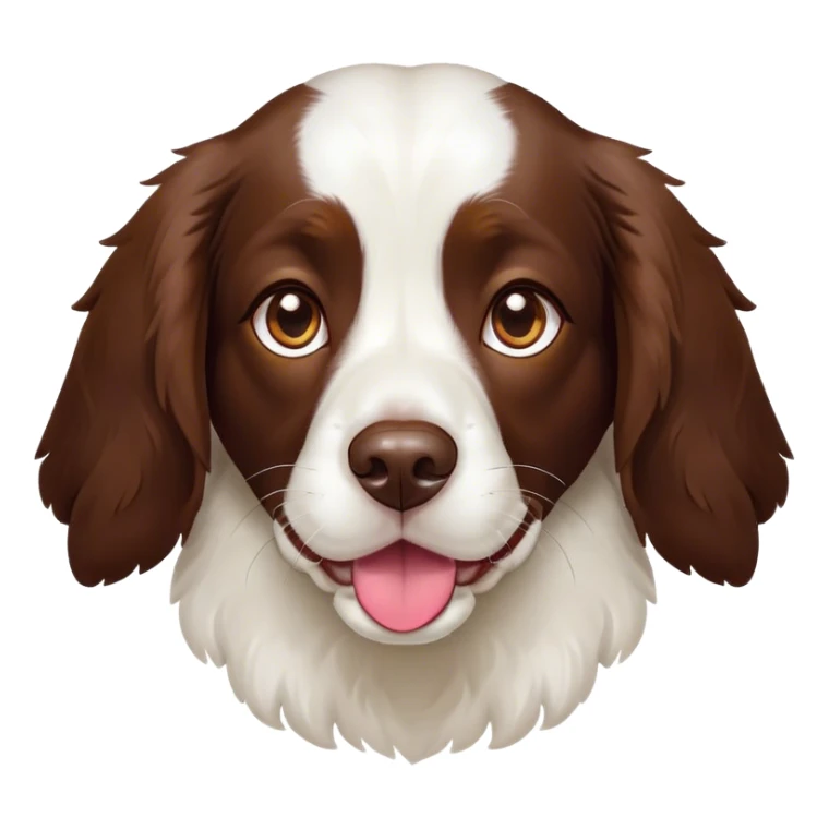 Cinematic Cute Springer Spaniel Portrait Emoji, Head tilted playfully and inquisitively, featuring a vibrant Fur of liver and white with a natural sheen, round, sparkling brown eyes filled with curiosity, Simplified yet irresistibly adorable features, highly detailed, glowing with a warm, friendly glow, high shine, affectionate and lively, stylized with a touch of whimsy, bright and endearing, soft glowing outline, capturing the essence of a mischievous yet loving pup, so playful it feels like it could frolic out of the screen and into your arms! sticker