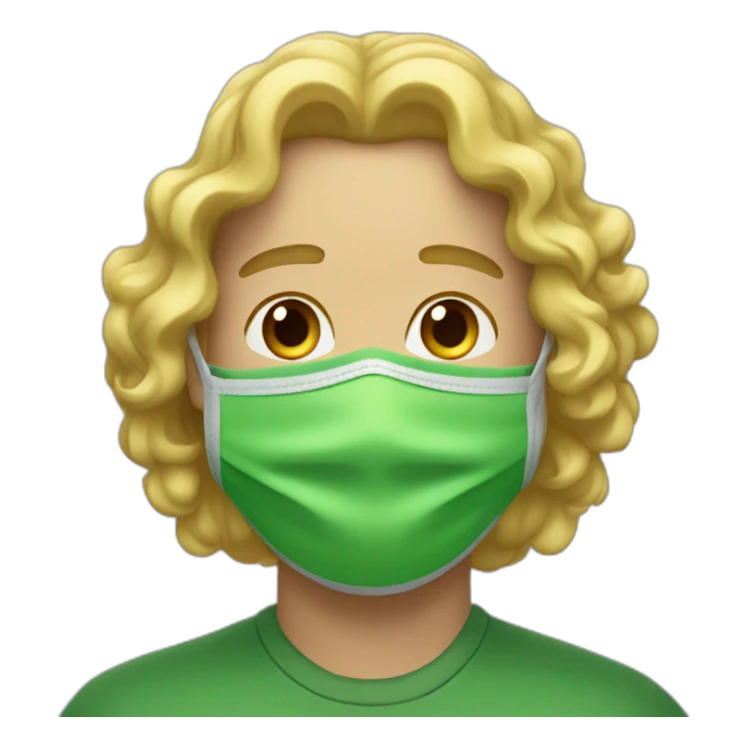 A man with a long and blonde curly hair warning a green mask sticker