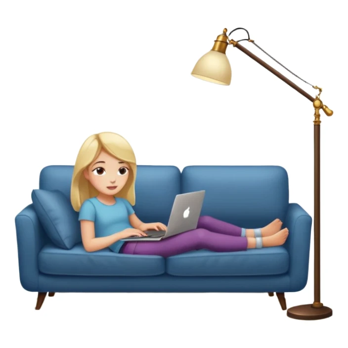 A girl is working with a laptop while lying on a sofa, with a floor lamp to the right. sticker