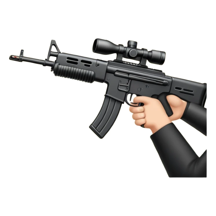 An icon showing hands holding an assault rifle in the foreground, with enemies in the distance and a dynamic landscape as the background. The design captures the intensity of a first-person shooter, with focus on the weapon and action. Transparent background emphasizes the scene. sticker