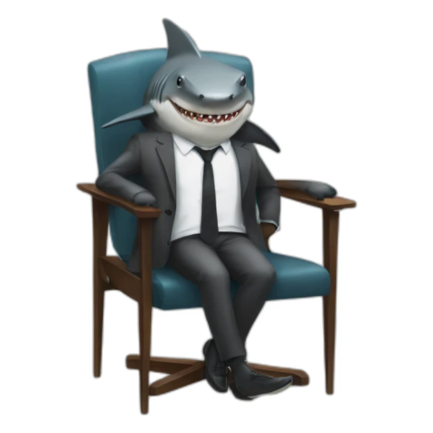 A shark sitting on a chair wearing a suit looking straight sticker