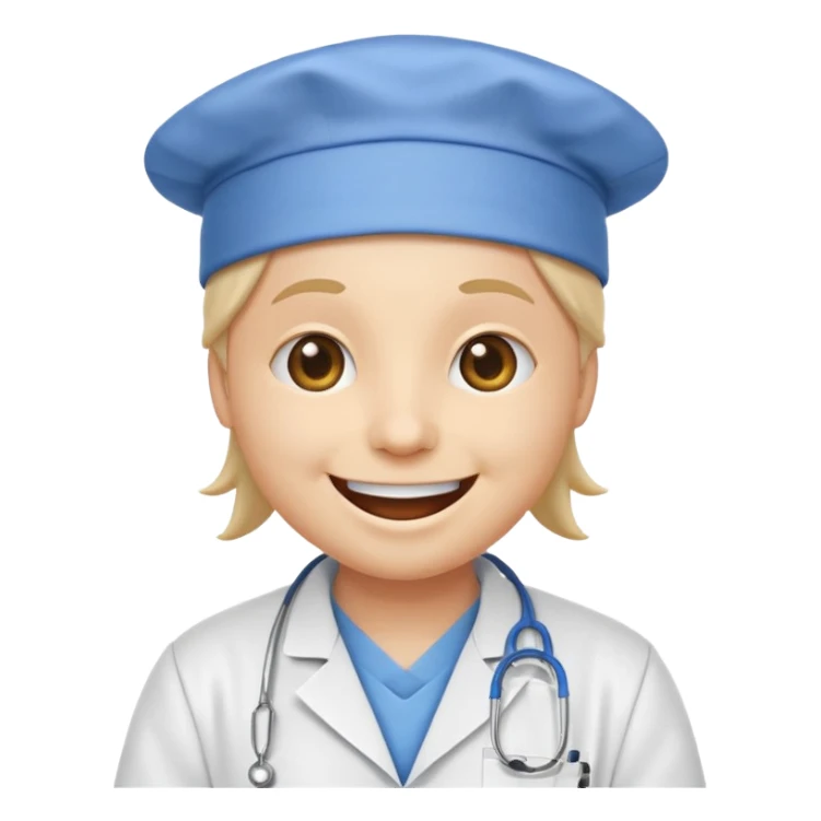 iPhone emoji style smiley face with a huge, exaggerated grin, in a white lab coat and blue surgical cap sticker