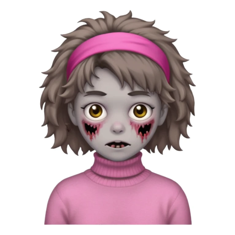 brown fluffy haired zombie with pink turtleneck sweater and hair band sticker