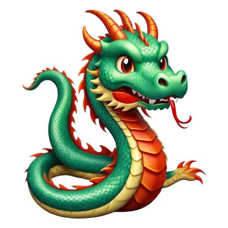 Cinematic Comical Chinese Serpent Dragon Portrait Emoji, Head tilted dramatically with an exaggeratedly amused expression, featuring a sleek, serpentine form adorned in luminous jade and vermilion scales interlaced with playful cloud and water accents; rendered with vibrant, lifelike textures and dynamic natural shadows, high shine, playful yet wise, styled with an air of cheeky ancient mystique, soft glowing outline, capturing the essence of a spirited and humorously enigmatic celestial dragon that looks ready to spiral into legendary lore! sticker