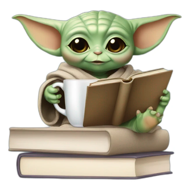 baby yoda at university with books in hands and a university cup sticker