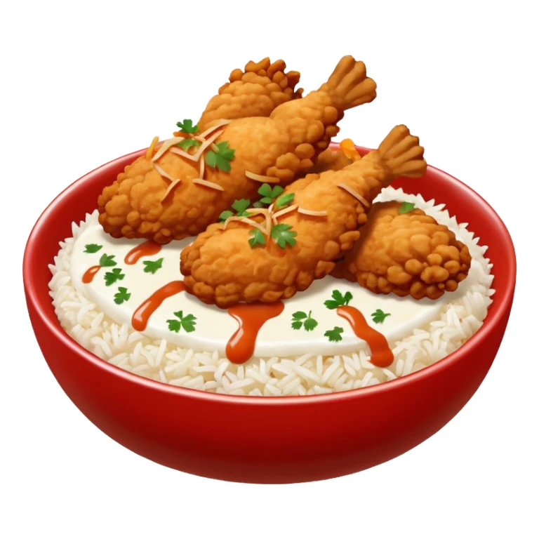 iOS-style food emoji, flat design: round bowl with white rice base, topped with crispy fried chicken pieces, fried onion bits, sweet-and-sour sauce and white sauce zigzag drizzles, finished with parsley flakes, clean shapes, transparent background. sticker